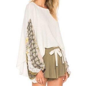 We The Free Cream Waffle Top with Balloon Sleeves